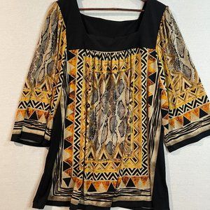 Dress Barn Top Blouse Woman Size 18/20 Stretch Short 3/4 Sleeve Black & Gold